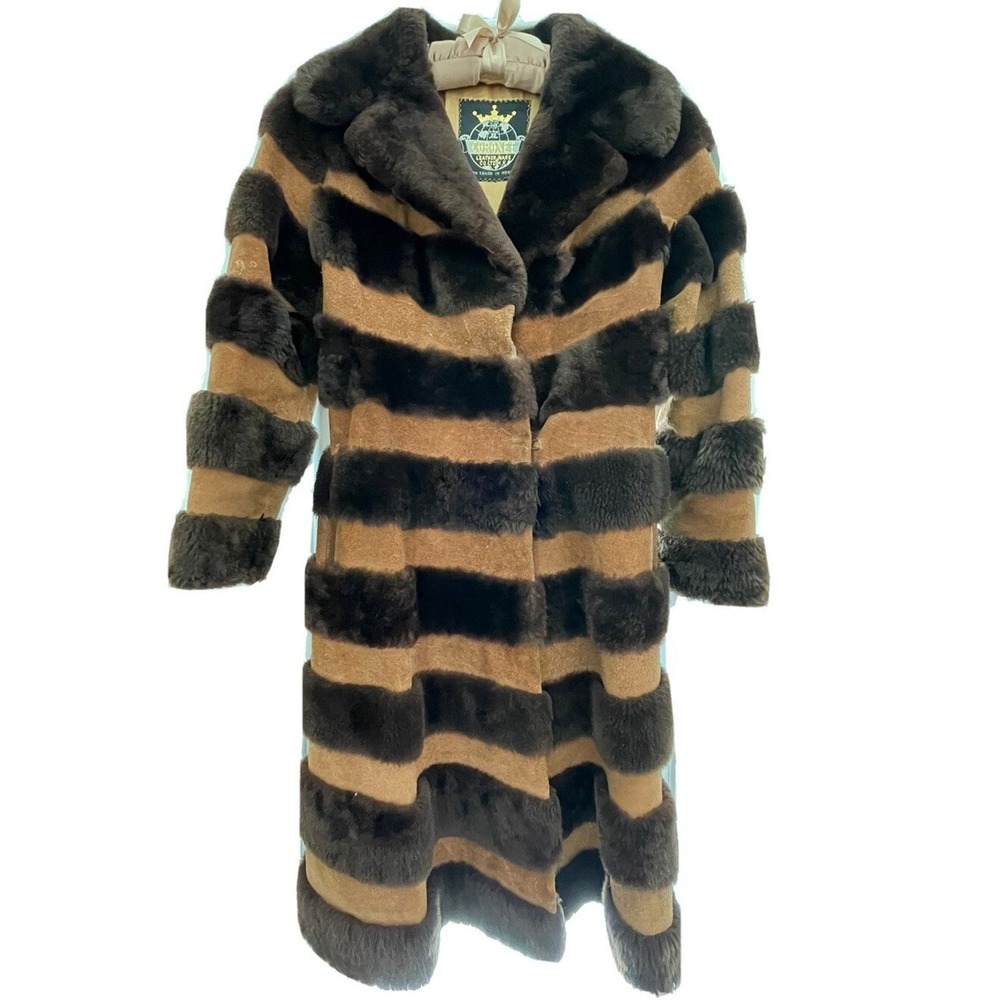 Vintage 70s Mouton Fur Long Coat Suede Stripe Shearling Retro Boho Glam XXS READ
